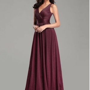 Shimmery Burgundy Bridesmaid Dress, Deep V-Neck, Ruched Bust, Empire Waist